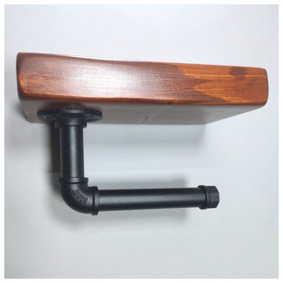 Wooden Handmade Rustic Toilet Roll Black Holder with Shelf Walnut 145mm Length of 25cm - 4