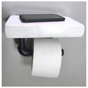 Wooden Handmade Rustic Toilet Roll Black Holder with Shelf White 145mm Length of 25cm