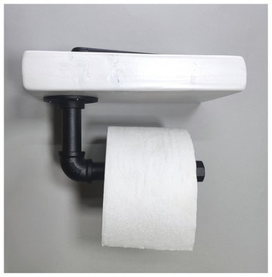 Wooden Handmade Rustic Toilet Roll Black Holder with Shelf White 145mm Length of 25cm