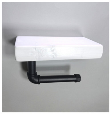 Wooden Handmade Rustic Toilet Roll Black Holder with Shelf White 145mm Length of 25cm - 3