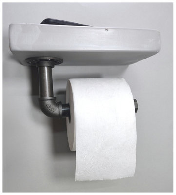 Wooden Handmade Rustic Toilet Roll Silver Holder with Shelf Antique Grey 145mm Length of 25cm