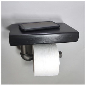 Wooden Handmade Rustic Toilet Roll Silver Holder with Shelf Black Ash 145mm Length of 25cm