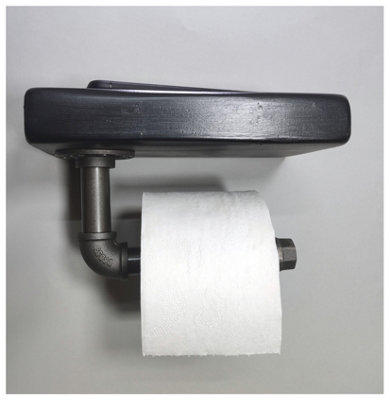 Wooden Handmade Rustic Toilet Roll Silver Holder with Shelf Black Ash 145mm Length of 25cm