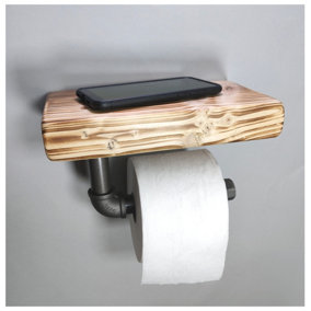 Wooden Handmade Rustic Toilet Roll Silver Holder with Shelf Burnt 145mm Length of 25cm