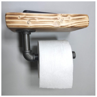 Wooden Handmade Rustic Toilet Roll Silver Holder with Shelf Burnt 145mm Length of 25cm