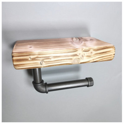 Wooden Handmade Rustic Toilet Roll Silver Holder with Shelf Burnt 145mm Length of 25cm - 3