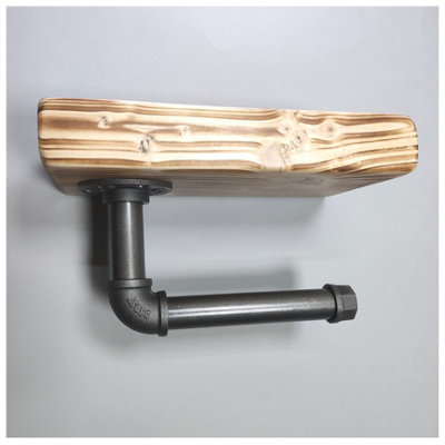 Wooden Handmade Rustic Toilet Roll Silver Holder with Shelf Burnt 145mm Length of 25cm - 4
