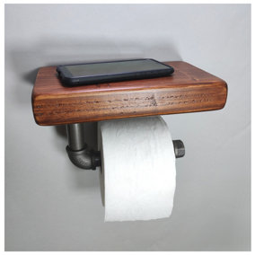 Wooden Handmade Rustic Toilet Roll Silver Holder with Shelf Dark Oak 145mm Length of 25cm