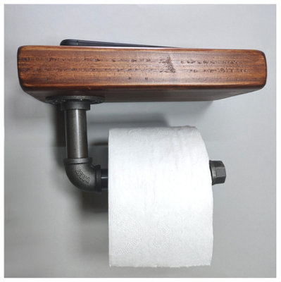 Wooden Handmade Rustic Toilet Roll Silver Holder with Shelf Dark Oak 145mm Length of 25cm