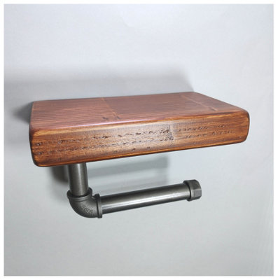 Wooden Handmade Rustic Toilet Roll Silver Holder with Shelf Dark Oak 145mm Length of 25cm - 3