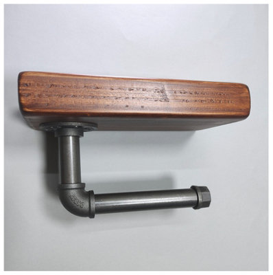 Wooden Handmade Rustic Toilet Roll Silver Holder with Shelf Dark Oak 145mm Length of 25cm - 4