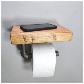 Wooden Handmade Rustic Toilet Roll Silver Holder with Shelf Light Oak 145mm Length of 25cm
