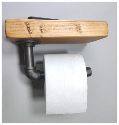 Wooden Handmade Rustic Toilet Roll Silver Holder with Shelf Light Oak 145mm Length of 25cm
