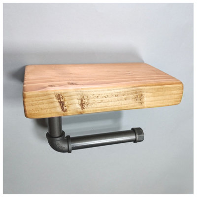 Wooden Handmade Rustic Toilet Roll Silver Holder with Shelf Light Oak 145mm Length of 25cm - 3