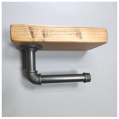 Wooden Handmade Rustic Toilet Roll Silver Holder with Shelf Light Oak 145mm Length of 25cm - 4