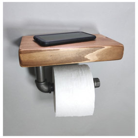 Wooden Handmade Rustic Toilet Roll Silver Holder with Shelf Medium Oak 145mm Length of 25cm