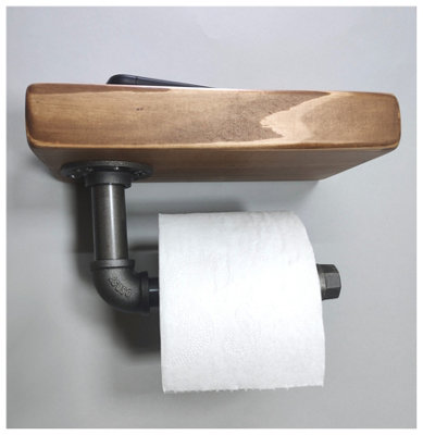 Wooden Handmade Rustic Toilet Roll Silver Holder with Shelf Medium Oak 145mm Length of 25cm