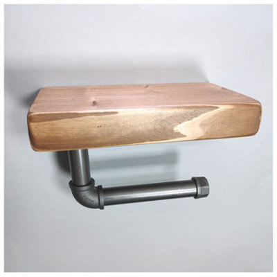 Wooden Handmade Rustic Toilet Roll Silver Holder with Shelf Medium Oak 145mm Length of 25cm - 3