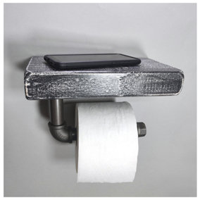 Wooden Handmade Rustic Toilet Roll Silver Holder with Shelf Monochrome 145mm Length of 25cm