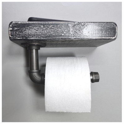 Wooden Handmade Rustic Toilet Roll Silver Holder with Shelf Monochrome 145mm Length of 25cm