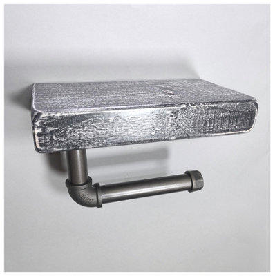 Wooden Handmade Rustic Toilet Roll Silver Holder with Shelf Monochrome 145mm Length of 25cm - 3