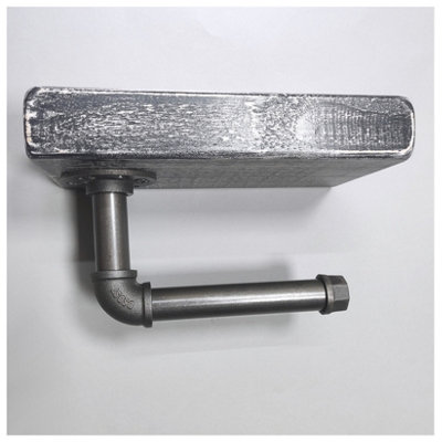 Wooden Handmade Rustic Toilet Roll Silver Holder with Shelf Monochrome 145mm Length of 25cm - 4