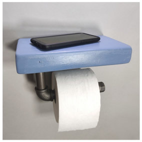 Wooden Handmade Rustic Toilet Roll Silver Holder with Shelf Nordic Blue 145mm Length of 25cm