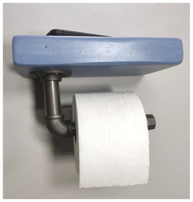 Wooden Handmade Rustic Toilet Roll Silver Holder with Shelf Nordic Blue 145mm Length of 25cm