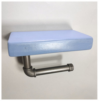 Wooden Handmade Rustic Toilet Roll Silver Holder with Shelf Nordic Blue 145mm Length of 25cm - 3