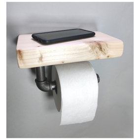 Wooden Handmade Rustic Toilet Roll Silver Holder with Shelf Primed 145mm Length of 25cm
