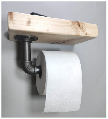 Wooden Handmade Rustic Toilet Roll Silver Holder with Shelf Primed 145mm Length of 25cm