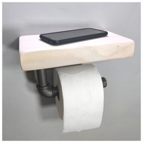 Wooden Handmade Rustic Toilet Roll Silver Holder with Shelf Teak 145mm Length of 25cm