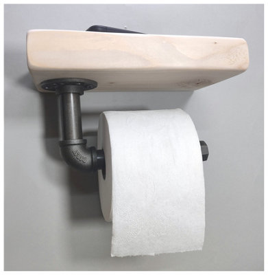 Wooden Handmade Rustic Toilet Roll Silver Holder with Shelf Teak 145mm Length of 25cm