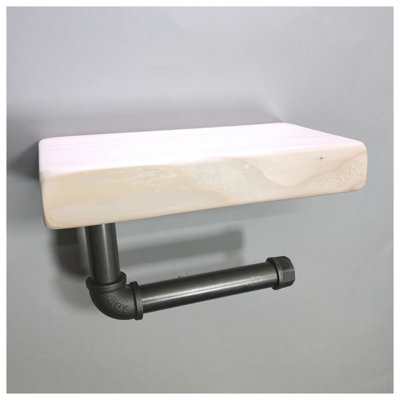 Wooden Handmade Rustic Toilet Roll Silver Holder with Shelf Teak 145mm Length of 25cm - 3
