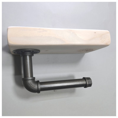 Wooden Handmade Rustic Toilet Roll Silver Holder with Shelf Teak 145mm Length of 25cm - 4