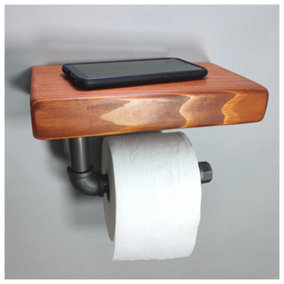 Wooden Handmade Rustic Toilet Roll Silver Holder with Shelf Teak 145mm Length of 25cm
