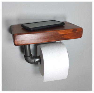 Wooden Handmade Rustic Toilet Roll Silver Holder with Shelf Walnut 145mm Length of 25cm