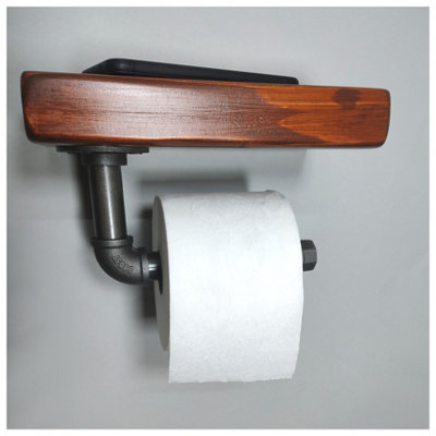 Wooden Handmade Rustic Toilet Roll Silver Holder with Shelf Walnut 145mm Length of 25cm