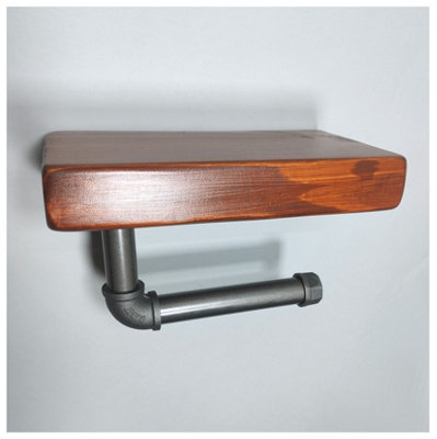 Wooden Handmade Rustic Toilet Roll Silver Holder with Shelf Walnut 145mm Length of 25cm - 3