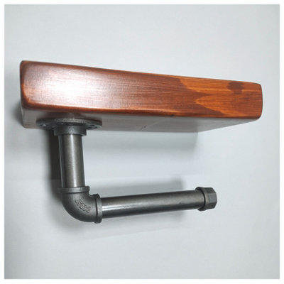 Wooden Handmade Rustic Toilet Roll Silver Holder with Shelf Walnut 145mm Length of 25cm - 4
