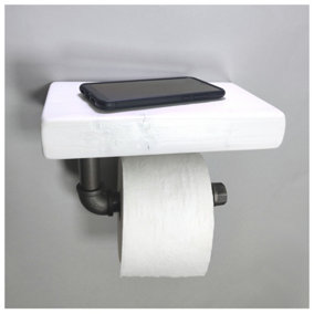 Wooden Handmade Rustic Toilet Roll Silver Holder with Shelf White 145mm Length of 25cm