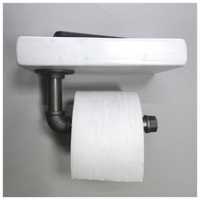 Wooden Handmade Rustic Toilet Roll Silver Holder with Shelf White 145mm Length of 25cm