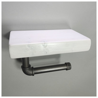 Wooden Handmade Rustic Toilet Roll Silver Holder with Shelf White 145mm Length of 25cm - 3