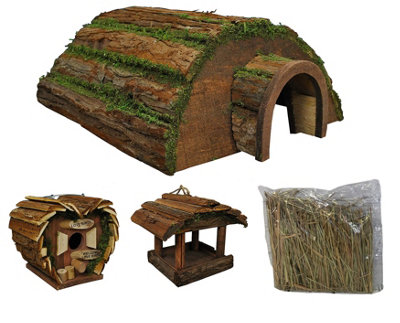 Wooden Hedgehog Hogitat with Bird House, Hanging Feeder & Nesting Straw