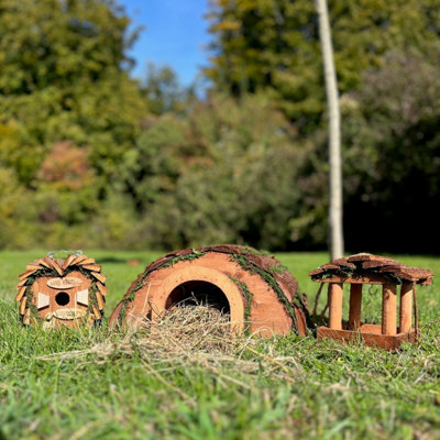 Wooden Hedgehog Hogitat with Bird House, Hanging Feeder & Nesting Straw