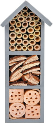 Wooden Insect Hotel with Grey - Free Standing Natural Wood Eye Catching Bug House - Hanging Outdoor Shelter