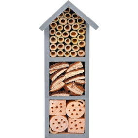 Wooden Insect Hotel with Grey - Free Standing Natural Wood Eye Catching Bug House - Hanging Outdoor Shelter