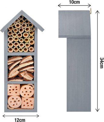 Wooden Insect Hotel with Grey - Free Standing Natural Wood Eye Catching Bug House - Hanging Outdoor Shelter - 3