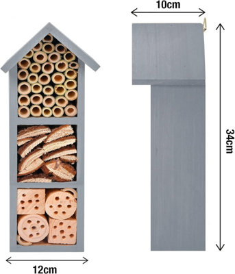 Wooden Insect Hotel with Grey - Free Standing Natural Wood Eye Catching Bug House - Hanging Outdoor Shelter