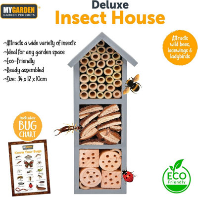 Wooden Insect Hotel with Grey - Free Standing Natural Wood Eye Catching Bug House - Hanging Outdoor Shelter - 4